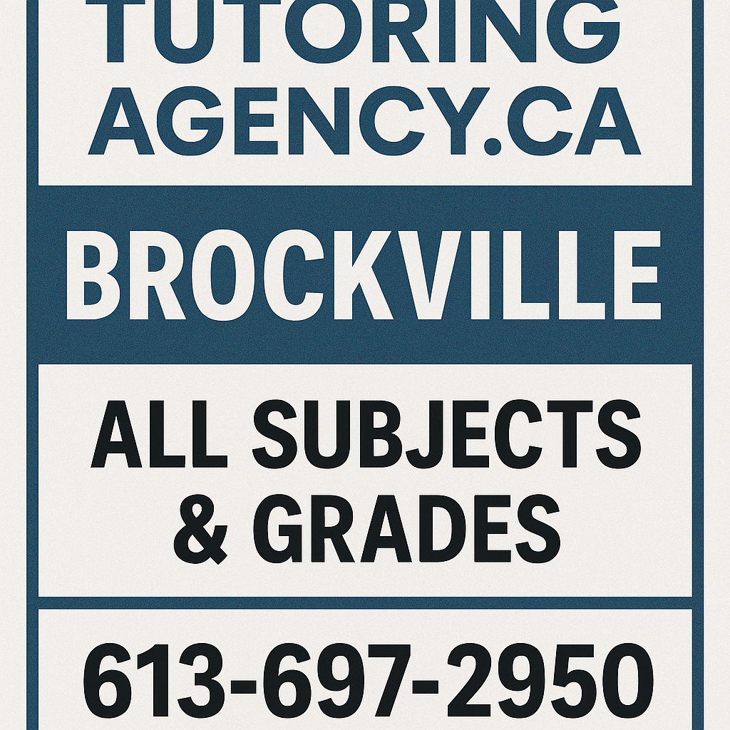 Digital advertisement for TutoringAgency.ca in Brockville. The design features bold blue and white colors with black accents. Top section reads 'TUTORING AGENCY.CA' in large blue letters. Middle section highlights 'BROCKVILLE' in white text on a blue background, followed by 'ALL SUBJECTS & GRADES' in black. Bottom section displays the contact number '613-697-2950' in bold black text."